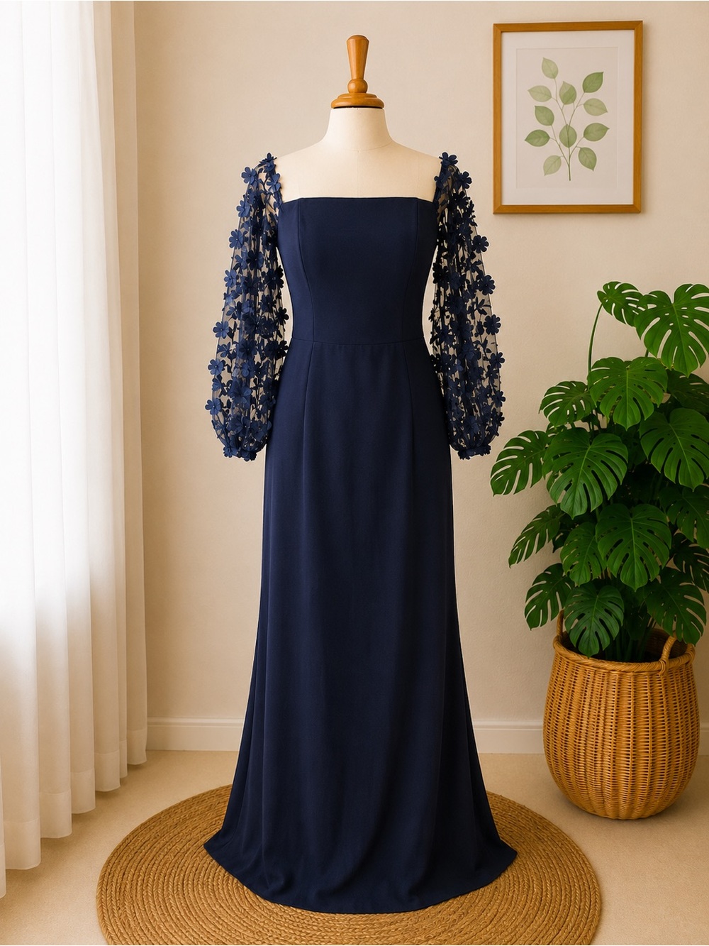 Eliza J Navy Off Shoulder 3D Floral Sleeve Evening Gown